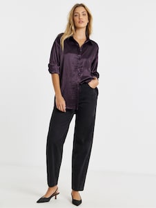 סגול - Simply Be Metallic Liquid Satin Oversized Shirt