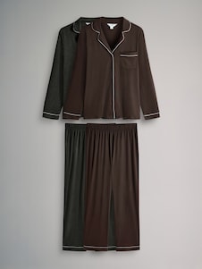 צבע חום שוקולד/פחם בצביעת מלאנז' - The Set מארז 2 פיג'מות מכופתרות ארוכות מתערובת ויסקוזה עם פסי צינור