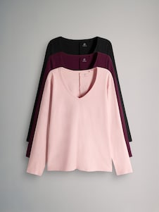 Black/Berry/Pink - The Set מארז של 3 חולצות שרוול ארוך במרקם לא אחיד עם צווארון וי עמוק, %100 כותנה