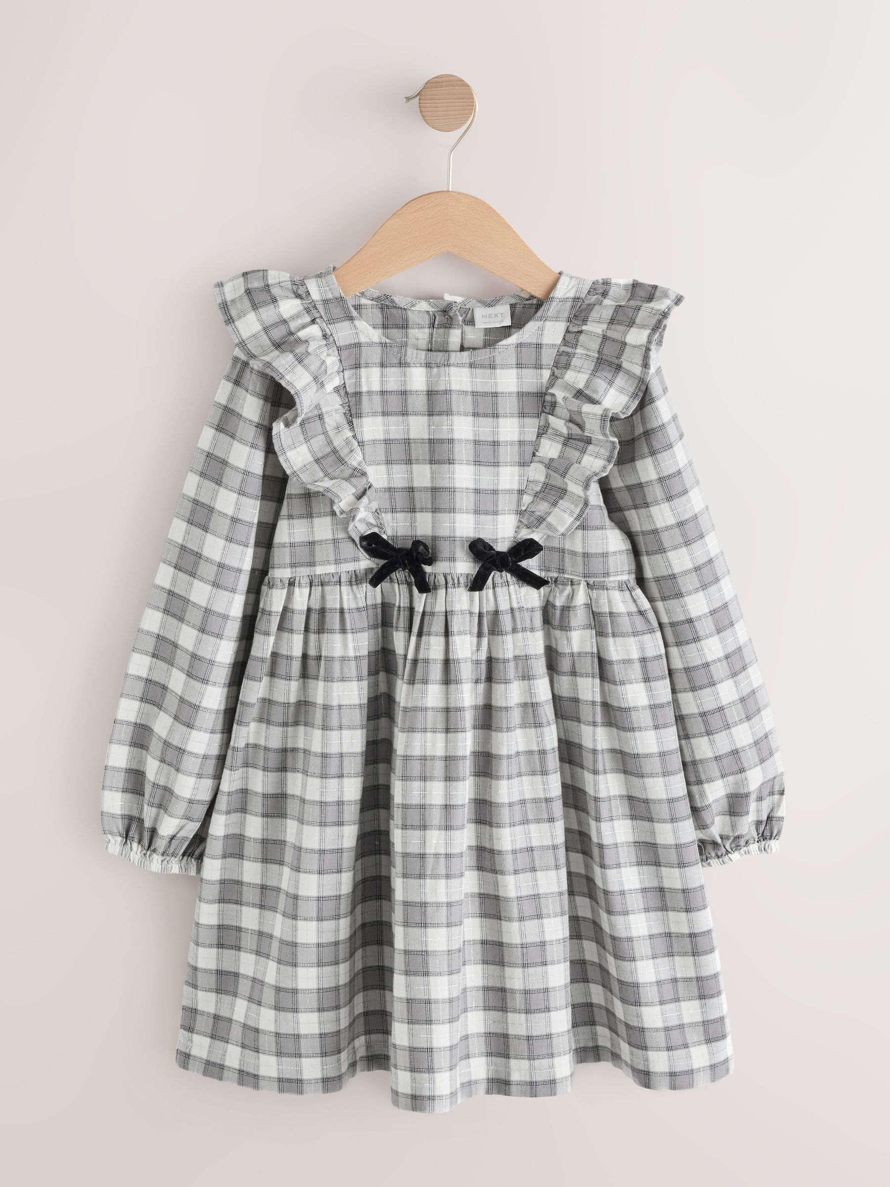 Grey Velvet Bow Long Sleeve Check Dress (3mths-8yrs)