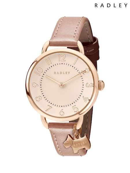 Pink - Radley Ladies Rose Gold Plated Open Shoulder Pink Leather Strap Watch With Charm