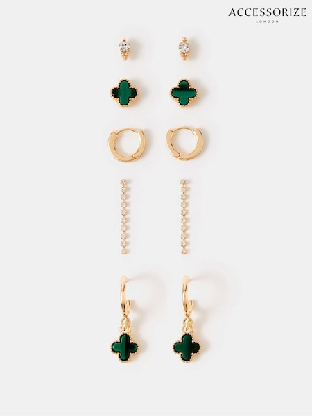 Green - Accessorize Clover Stud & Hoop Earrings 5 Pack