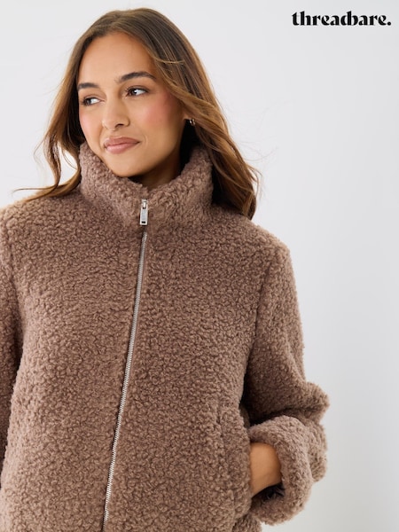 Brown - Threadbare Funnel Neck Borg Bomber Jacket