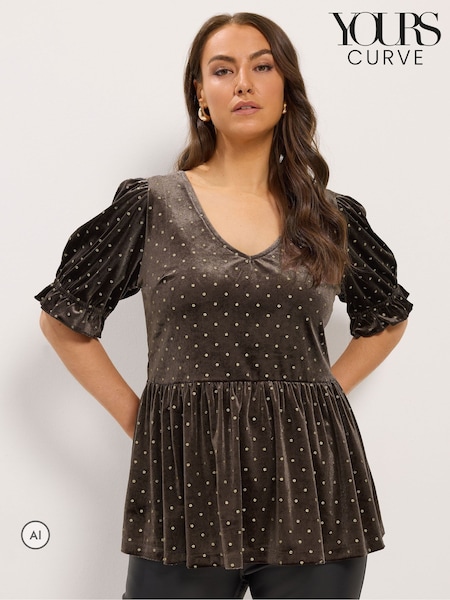 Brown - Yours Curve Glitter Spot Peplum Top