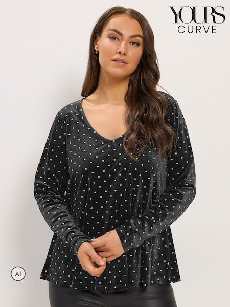 Black - Yours Curve Glitter Polka Dot Top