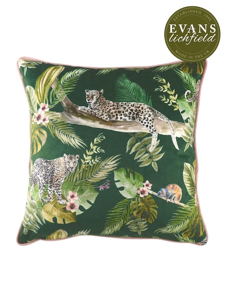 Evans Lichfield Green Jungle Leopard Velvet Polyester Filled Cushion (108308) | £20