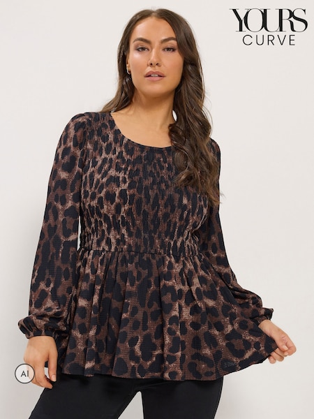 Brown - Yours Curve Leopard Shirred Peplum Top