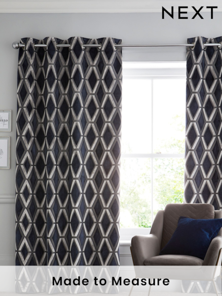 Navy Blue Collection Luxe Heavyweight Geometric Cut Velvet Made To Measure Curtains (110342) | £137