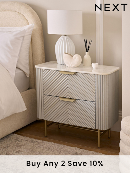 Light Grey Valencia Marble and Mango Wood 2 Drawer Wide Bedside Table (111253) | £450