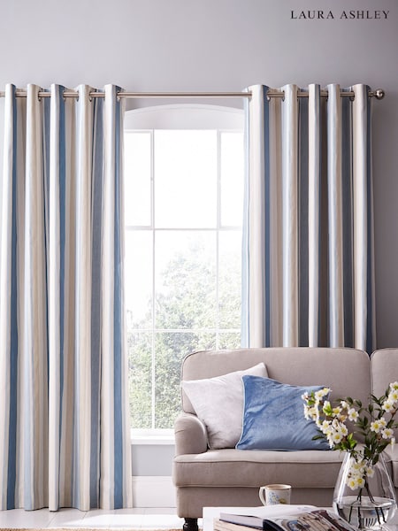 Laura Ashley Seaspray Awning Stripe Blackout 100% Cotton Eyelet Blackout Curtains (112708) | £85 - £165
