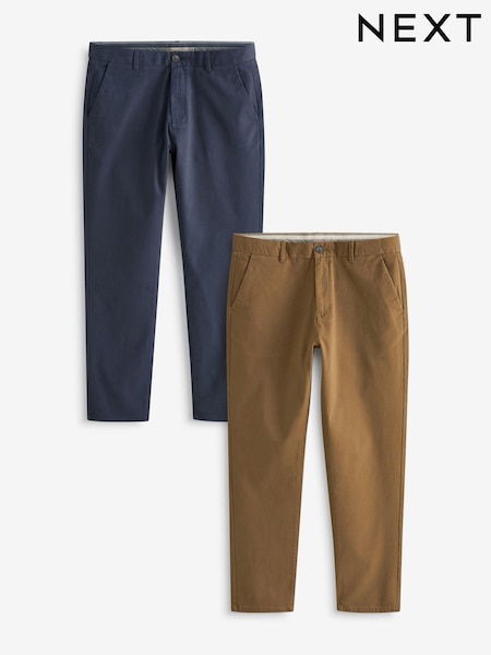 French Navy Blue/Tan Brown Straight Fit Stretch Chino Trousers 2 Pack (114274) | £46