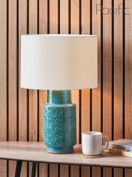 Pacific Teal Blue Sidra Aquamarine Stoneware Etch Detail Table Lamp (115508) | £145