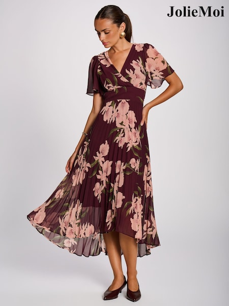 Red - Jolie Moi Angel Sleeve Pleated Chiffon Maxi Dress