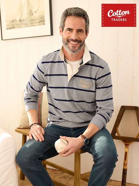Grey - Regular Cotton Traders Heritage Stripe Rugby Shirt