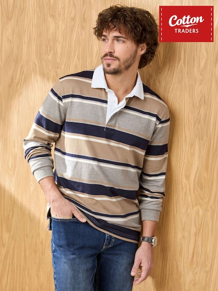 Grey - Regular Cotton Traders Signature Long Sleeve Rugby Shirt