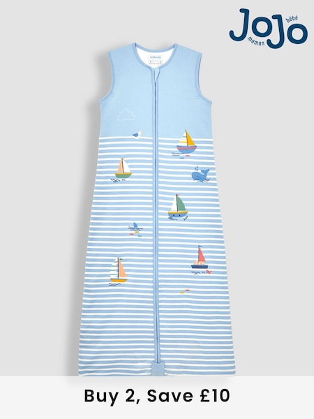JoJo Maman Bébé Blue Stripe Sailing Boats Appliqué 1.5 Tog Toddler Sleeping Bag (117140) | £34