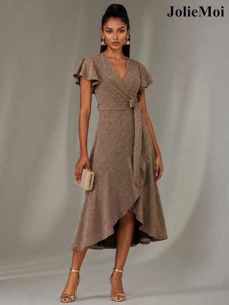 Gold - Jolie Moi Metallic Angel Sleeve Maxi Dress