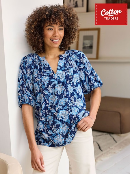 Blue - Cotton Traders Printed Short Sleeve Blouse