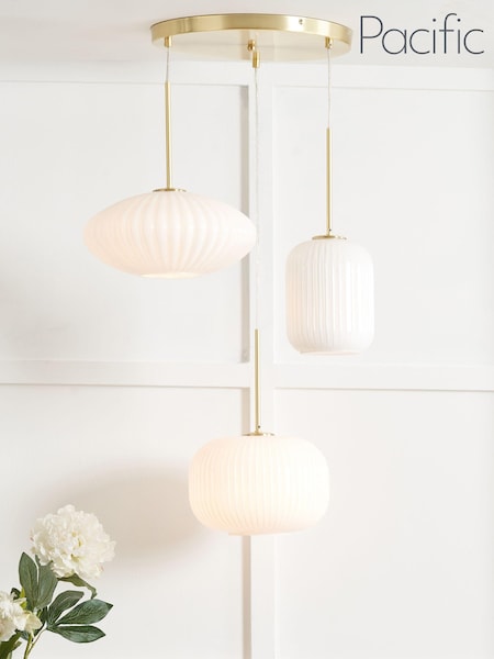 Pacific White Alexa Ribbed Glass and Gold Metal Multi Drop Ceiling Light (118410) | £250