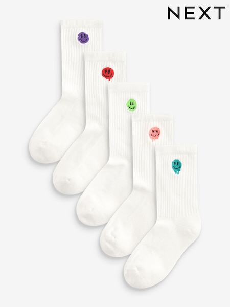 Smile Face Embroderies Cushioned Footbed Cotton Rich Ribbed Socks 5 Pack (119779) | £8.50 - £9.50