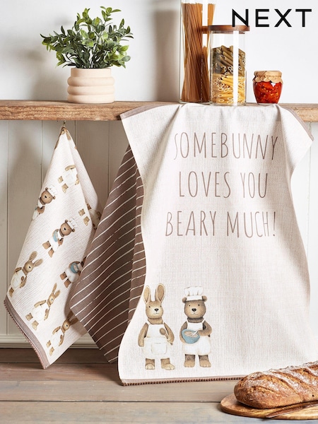 Set of 3 Natural Bertie Bear and Rosie Bunny 100% Cotton Tea Towels (121857) | £14