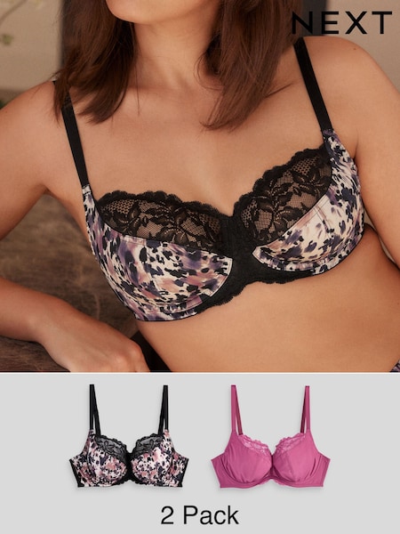 Animal Print/Rose Pink 2 Pack DD+ Non Pad Wired Full Cup Microfibre Lace Bra (122391) | £32