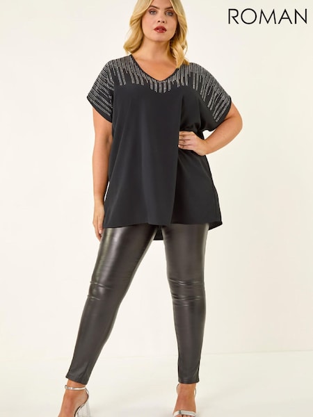Black - Roman Curve Hotfix Woven Top