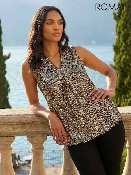 Metallic - Roman Sequin Pleat Front Vest Top