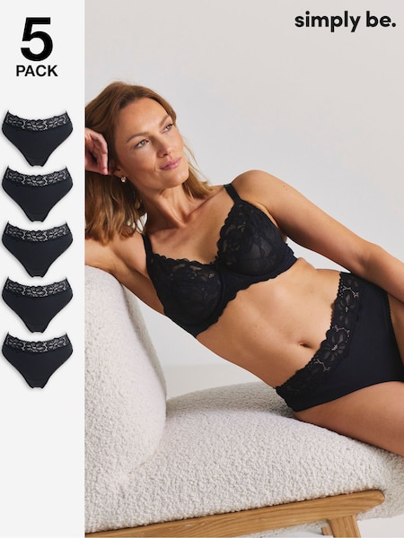 Black - Simply Be Pretty Secrets Lace Top Thongs 5 Pack