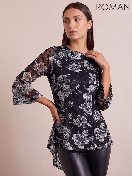 Grey - Roman Floral Lace Stretch Top