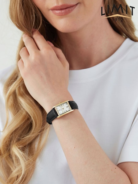 Black - Limit Rectangular Gold Analogue Watch With Leather Strap