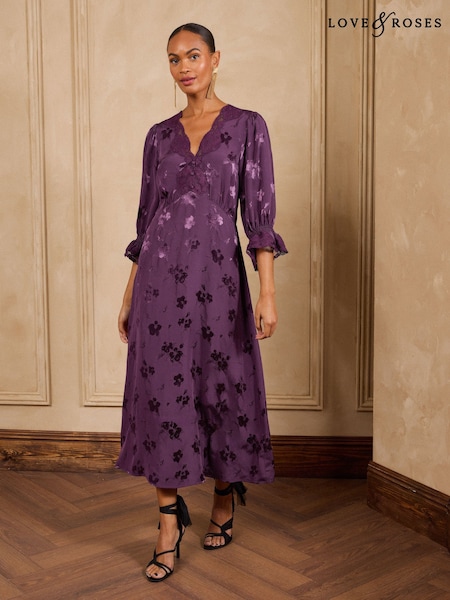Aubergine Purple - Love & Roses Satin Jacquard Lace Trim Midi Dress