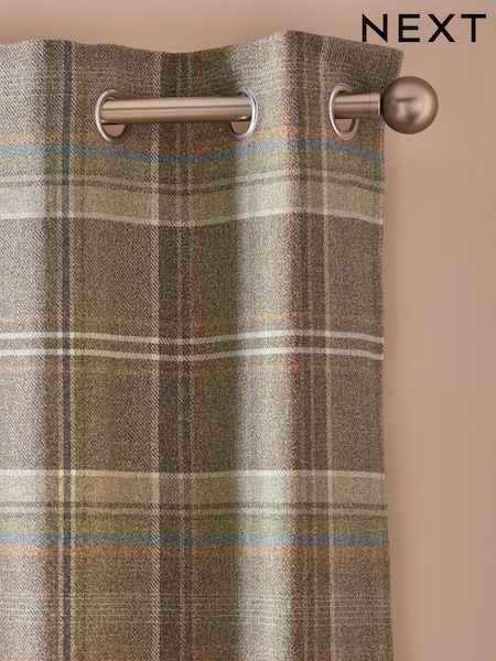 Green/Natural Brushed Check Lined Eyelet Curtains (125559) | £60 - £130