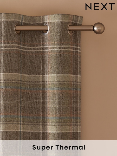 Green/Natural Brushed Check Super Thermal Eyelet Curtains (125566) | £70 - £185
