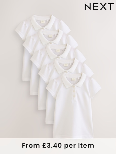 White Slim Fit 100% Cotton Short Sleeve Polo Shirts 5 Pack (3-16yrs) (129909) | £17 - £27