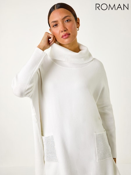 White - Roman Sparkle Pocket Detail Poncho Jumper