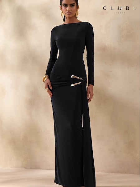 Black - Club L London Astrielle Wide-neck Dress With Gold-detail And Sash