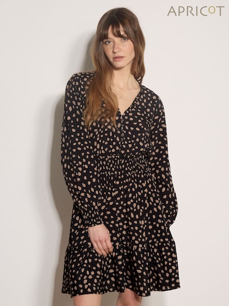 Black - Apricot Irregular Spot Crepe Mini Dress
