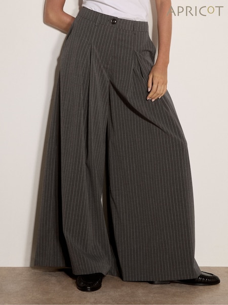 Grey - Apricot Wide-leg Pleat Pinstripe Trousers