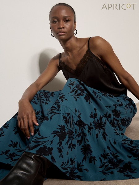 Blue - Apricot Floral Silhouette Crepe Midi Skirt
