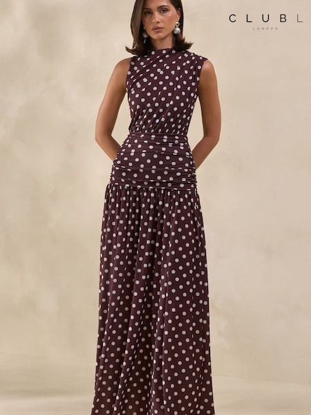 Brown - Club L London Kelis Polka-dot High-neck Maxi Dress With Draped Detailing