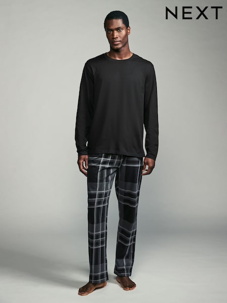 Black/Grey Check Long Sleeve 100% Cotton Pyjamas Set (132126) | £26