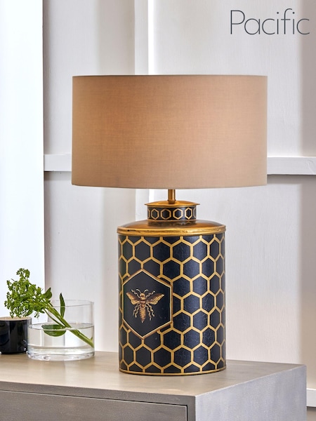 Pacific Black Honeycomb Bee Hand Painted Metal Table Lamp (132311) | £210