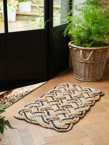 Laura Ashley Natural GoldBlue Natural Braided Jute Door Mat (132762) | £40