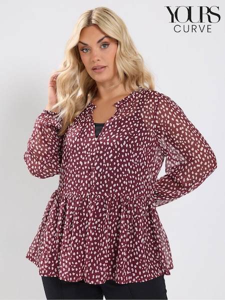 Burgundy Red Spot Print - Yours Curve Chiffon Peplum Blouse