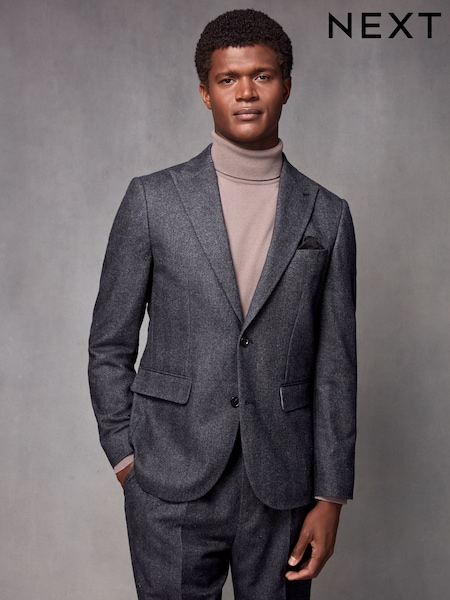 Navy Blue Wool Blend Herringbone Suit Jacket (133709) | £20