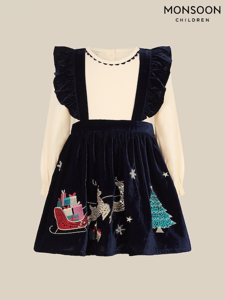 Blue - Monsoon Christmas Top & Velour Pinafore Dress Set