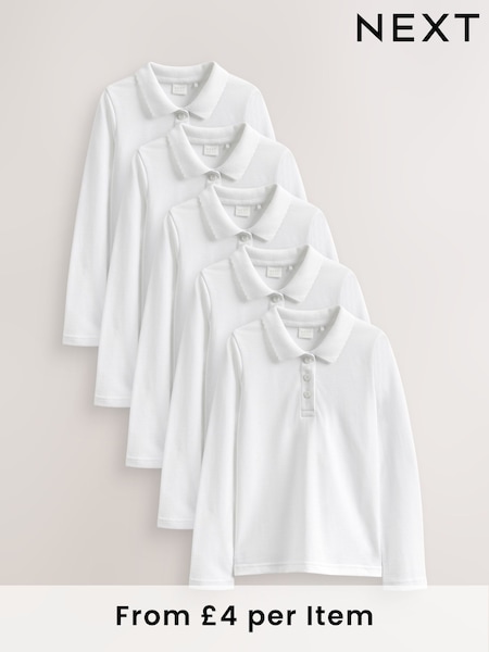 White Slim Fit 5 Pack 100% Cotton Long Sleeve School Polo Shirts (3-16yrs) (135264) | £20 - £32