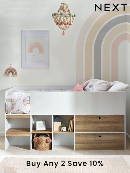 White/Wood Effect Parker Kids Storage Cabin Bed Frame (136019) | £560