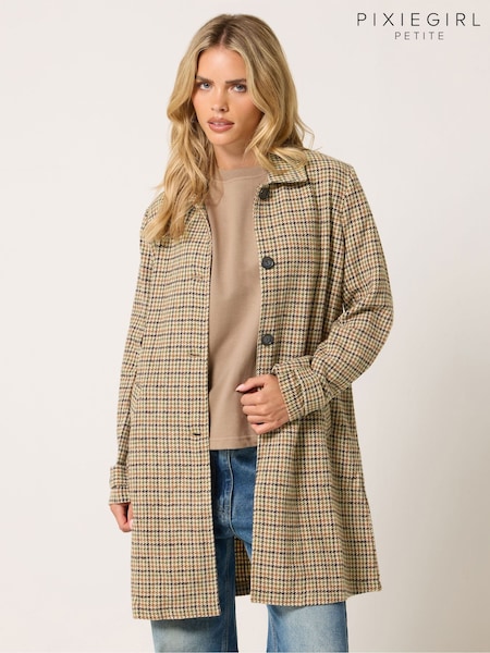 Brown - Pixiegirl Petite Checked Midi Car Coat